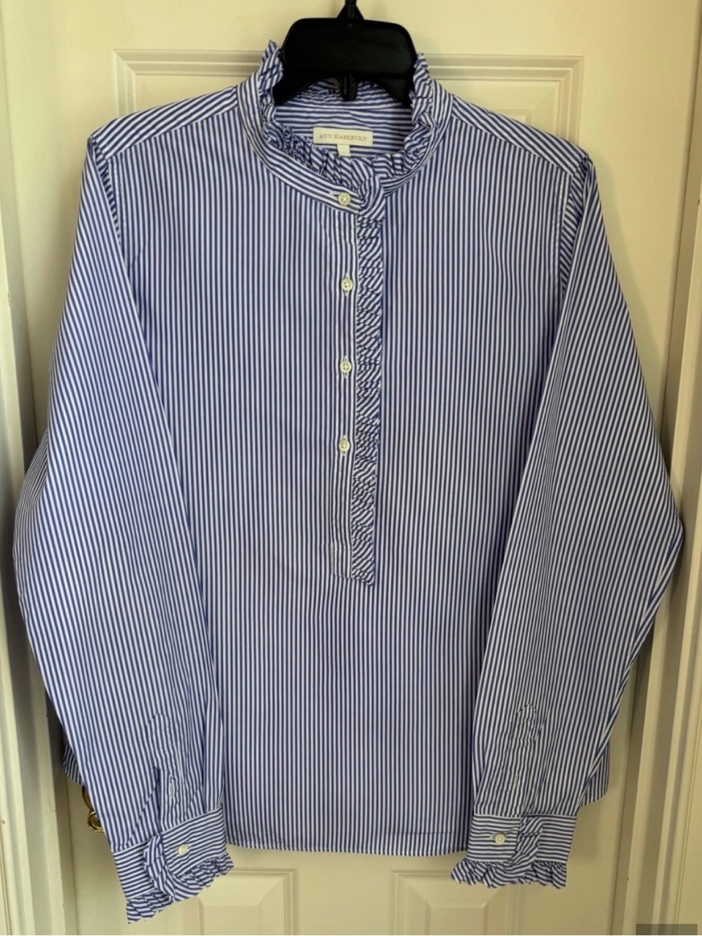 ANN MASHBURN Frill Shirt, Blue and White Striped, size large